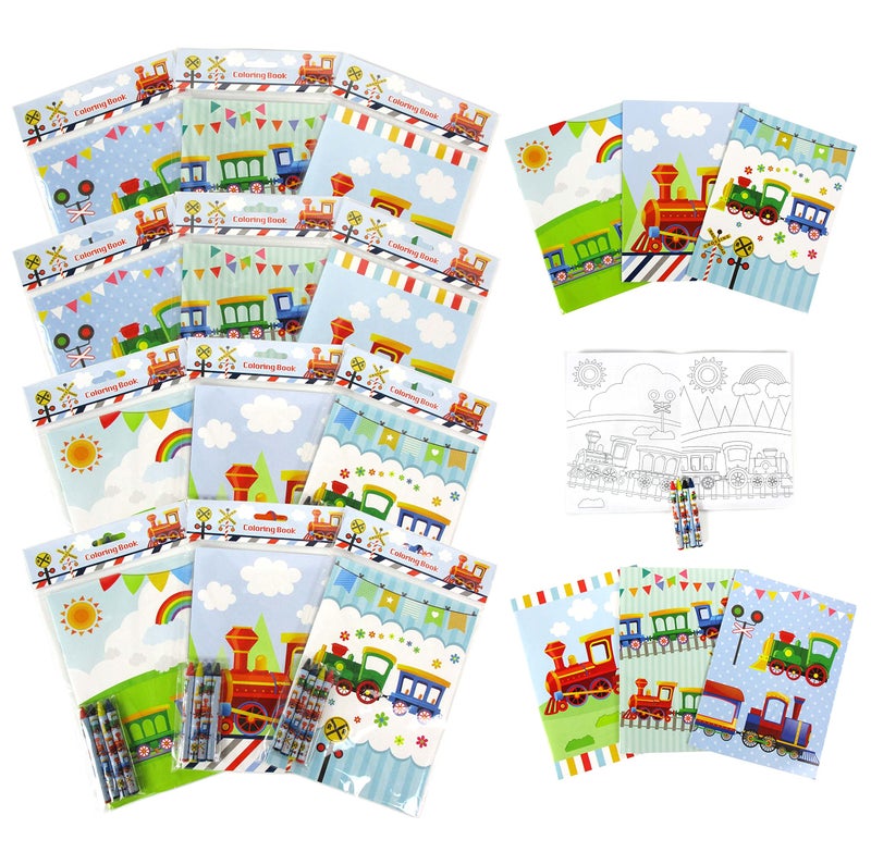 TINYMILLS Train Coloring Book Set with 12 Coloring Books and 48 Crayons Train Birthday Party Favor Bag Filler Rewards Classroom Party Chugga Chugga Two Two Party Favors - Image 1